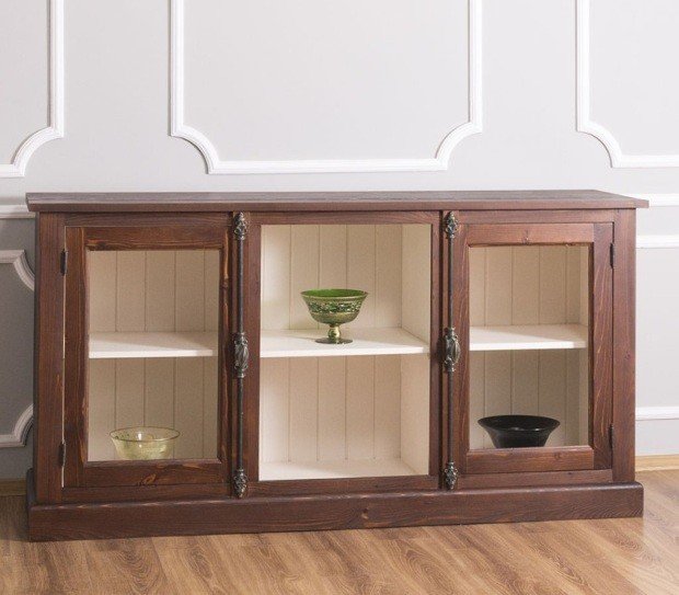 Display case with 2 glass doors and storage compartments open in the middle - Landhaus display case